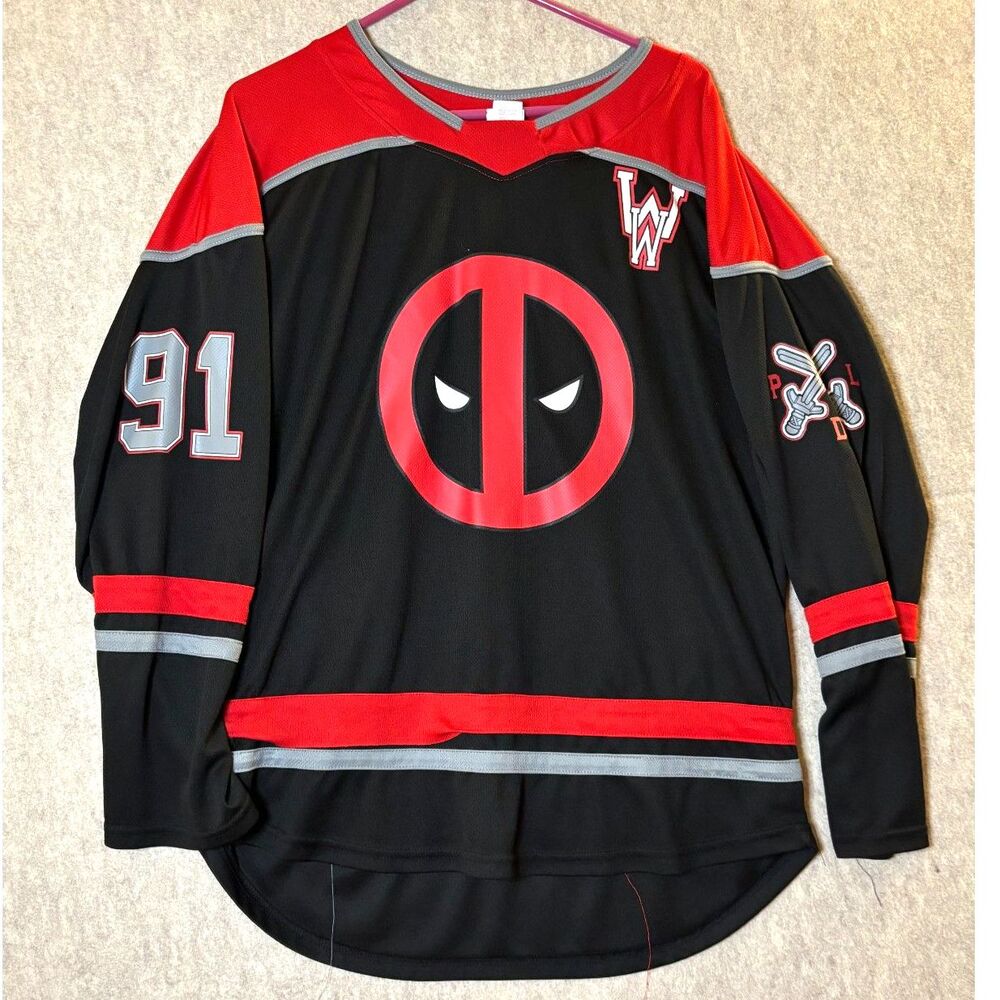 Marvel Deadpool #91 Hockey Jersey Men’s L 42-44 Black Red Long Sleeve